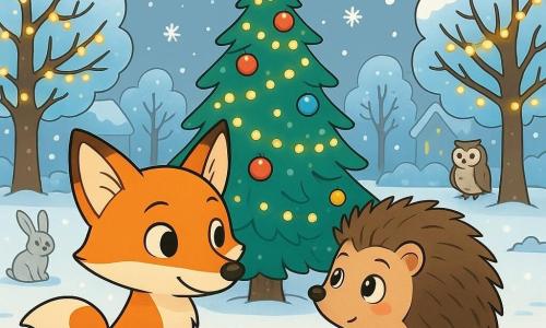 Una volpe arancione brillante, con occhi curiosi e un muso dolce, si trova in una piazza innevata, circondata da alberi decorati con luci scintillanti. Accanto a lei, un riccio marrone con aculei morbidi indossa piccole bottine rosse e guarda l'albero di Natale al centro della piazza. La piazza è coperta da uno spesso strato di neve bianca, con fiocchi di neve che cadono dal cielo grigio. La volpe e il riccio si godono la bellezza dell'inverno, pronti a esplorare insieme il mondo incantato che li circonda.