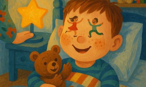 Bambino di 6 anni, viso rotondo e lentiggini, grandi occhi luminosi, sorridente sotto una coperta a righe; le sue palpebre sono rappresentate come due piccoli danzatori colorati che saltellano sopra gli occhi chiusi. Un orsacchiotto marrone di nome Gigi è stretto al suo braccio, pelo morbido e cuciture visibili, occhi a bottone, sembra applaudire le palpebre-danzanti. La mano di una mamma sul lampada da comodino emerge sullo sfondo con una manica a fiori e unghie smaltate. Cameretta calda con parete azzurro pallido, poster di stelle sopra il letto, mensola in legno con pupazzi e libri, tappeto morbido a motivi di luna. Luce soffusa giallo-arancio di una lucetta a forma di stella, ombre delicate e texture di gouache con pennellate. Momento della nanna giocoso: le palpebre danzano come marionette, il bambino ride pianissimo, atmosfera tenera e divertente.