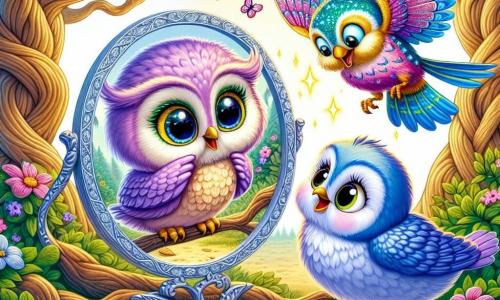 An illustration depicts a small lavender owl with large, bright eyes, expressing curiosity and joy. Perched on a branch, it smiles while gazing at a sparkling magic mirror. Nearby, a lively blue bird with vibrant feathers flits around the owl, showing excitement and friendship, ready to invite it on a new adventure. The main setting is an enchanted glade in a magical forest, with majestic trees and colorful flowers dancing in the wind. The ground is covered in a carpet of golden leaves, with soft sunlight filtering through the foliage, creating a warm light. The scene centers on the owl discovering the magic mirror, which reflects not only its image but also the vibrant colors of the surrounding forest, evoking an atmosphere of mystery and wonder. Other graphic elements include colorful butterflies floating around, sparkling rays of light emanating from the mirror, and gently falling leaves, adding a touch of magic to this fairy-tale scene.