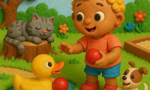 A joyful, curious 2-year-old girl with short curly blond hair and round blue eyes reaches for a slightly shiny small red ball held by a yellow rubber duck with an orange beak floating at the edge of a small pond; a gray tabby cat with green eyes sleeps on a stump to the left, and a small white-and-brown spotted dog stands on its hind legs near the sandbox wagging its tail. The bright garden has textured green grass, red, yellow and blue flowers, a leafy tree and a light blue sky with fluffy clouds. The centered scene focuses on the girl approaching the pond with soft, friendly expressions, vivid colors, visible modeling-clay textures and warm, soft lighting.