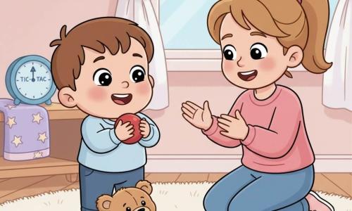 Băiețel de 2 ani, păr brun scurt, obraji rotunzi și zâmbet larg, privire uimită, ține o minge roșie mică la piept; mama (~30 ani), păr castaniu prins în coadă, zâmbet blând, genunchiată lângă el, îl încurajează bătând din palme. Un ursuleț de pluș maro deschis, ușor turtit, stă pe covor deasupra unei mingi roșii pe jumătate ascunse. Scena are loc într-o cameră caldă de copil cu covor crem, etajeră joasă din lemn cu un mic ceas deșteptător albastru, pătură cu stele și fereastră mare cu șnur alb de perdea; lumină caldă, culori moi, compoziție centrată, ușor de citit pentru un copil mic.