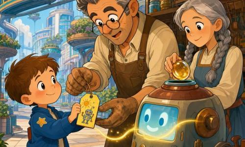 A 4-year-old boy with a round face, short brown hair, rosy cheeks and bright, amazed eyes smiles shyly; he wears a small blue jacket with a star patch and holds a yellow tag decorated with a sun and a small robot, fingers gripping the string. To his right, Mr. Pavo, a tall ~50-year-old man with salt-and-pepper hair, round glasses and a gentle, surprised expression, leans in to take the tag. Nearby, a woman with silver braids in a simple dress holds a translucent honey-colored glass pebble and reaches toward a friendly, rounded machine called the Sparkbox — its lit screen and soft buttons send a ribbon of light around the tag as it sits on a polished metal counter. Scene: a workshop corner in a futuristic city with smooth stone sidewalks, floating potted gardens, suspended tram rails and curved glass towers, warm colors (mustard yellow, sky blue, copper) and soft strings of lights; the boy offers the almost-finished tag as the pebble is presented to the Sparkbox, which glows, bathing everyone in a tender, awed light.