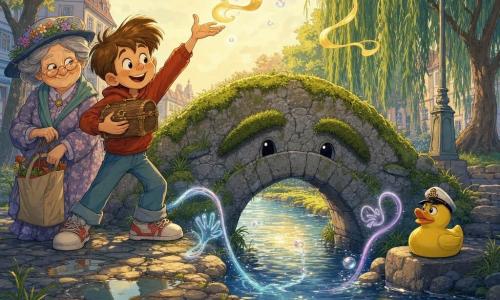 An enthusiastic 8-year-old boy, Milo, round freckled face, tousled chestnut hair and wide curious eyes, smiles broadly while holding a small wooden chest to his chest and tossing a glowing golden ribbon—the 