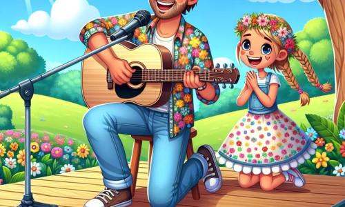 Ein Mann namens Max, lächelnd und enthusiastisch, spielt Gitarre auf einer kleinen Holzbühne in einem sonnigen Park. Er hat braune Haare, einen leichten Bart und trägt ein buntes Hemd und Jeans. Seine Augen strahlen vor Freude, während er eine mitreißende Melodie singt. Neben ihm steht ein etwa 8-jähriges Mädchen namens Mia mit blonden Zöpfen und einem Blumenkleid, das begeistert applaudiert. Der Park ist mit bunten Blumen, grünen Bäumen und dem Lachen spielender Kinder gefüllt. Der Himmel ist blau mit ein paar weißen Wolken, und die Sonne scheint, was eine fröhliche und einladende Atmosphäre schafft. In dieser Szene singen Max und Mia gemeinsam ein Lied über die Freuden eines sonnigen Tages im Park, umgeben von einer kleinen Menge Kinder, die ihnen staunend zuhören.