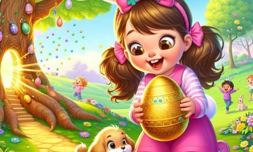 Uma menina de 6 anos, Luísa, com longos cabelos castanhos presos em duas coquinhas, veste uma linda roupa de coelhinho rosa com orelhas de coelho. Ela tem um grande sorriso maravilhado no rosto, seus olhos brilhando de alegria enquanto descobre um ovo de Páscoa dourado e brilhante. Ao seu lado, seu pequeno cachorro Tobi, um adorável filhote de pelos dourados, abana o rabo com excitação, olhando o ovo com curiosidade. O cenário é um parque primaveril, cheio de flores coloridas, grandes árvores com folhas verdes brilhantes e coelhinhos de papel decorando o caminho. Ao longe, crianças riem e brincam, procurando ovos de chocolate. A cena principal mostra Luísa, de joelhos diante de uma grande árvore com um tronco largo, descobrindo uma pequena porta dourada escondida na casca, enquanto uma chuva de confetes coloridos sai do ovo que ela acabou de encontrar, criando uma atmosfera mágica e alegre.