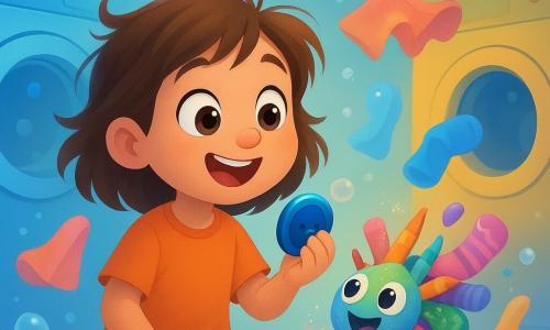 Poppy, a 6-year-old girl with messy brown hair and eyes sparkling with curiosity, holds a large blue button in her hand, her face beaming with wonder. Next to her, Sticky Jumble, a colorful mix of socks, glitter, and crayons, appears lively and cheerful, standing on the floor at her feet. The setting is a magical laundromat, with brightly colored washing machines and bubbles floating in the air, while bubble-made butterflies flutter around. The main scene shows Poppy discovering the magic map emerging from the button, surrounded by floating clothes and dancing towels, creating a scene full of fantasy and movement.