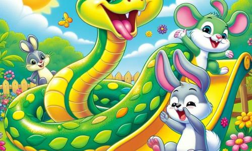Eine bunte Schlange namens Slinky mit glänzenden grünen und gelben Schuppen gleitet fröhlich auf einer großen Rutsche aus Blättern und Blumen, mit einem breiten Lächeln und funkelnden Augen vor Freude. Neben ihm springt ein kleiner Hase mit großen weißen Ohren namens Hopsi enthusiastisch, seine Hinterbeine in die Luft, bereit, Slinky einzuholen. Ein wenig weiter passt eine schelmische Maus namens Minky mit grauem Fell und einem wackelnden kleinen Schwanz die Rutsche an, indem sie bunte Blumen hinzufügt und dabei lacht. Die Szene spielt in einem sonnigen Garten voller strahlender Blumen und grüner Bäume, wo der Himmel leuchtend blau ist und weiße Wolken sanft dahingleiten. Im Mittelpunkt dieser Illustration haben Slinky und seine Freunde Spaß zusammen und schaffen eine fröhliche, lebendige Atmosphäre, während sie lachen und sich auf der Rutsche ins Abenteuer stürzen.