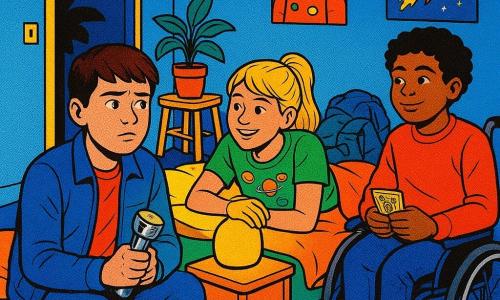 Drie kinderen van circa 12 jaar: een jongen met kort bruin haar en bleke huidskleur in een blauw jasje en jeans zit links op een matras en houdt een kleine zilveren zaklamp vast terwijl hij gespannen maar moedig naar een opengaande deur kijkt; een meisje met blond paardenstaart, groen T-shirt met planeetstickers en rok ligt in het midden op een matras en stelt een kleine gele nachtlamp op een nachtkastje afom de kamer te verlichten; een jongen in een rolstoel met krullend zwart haar en rood truitje staat rechts iets teruggetrokken, kalm en ondeugend, kijkt naar de deur en houdt een speelkaart vast. Locatie: kleine kinderkamer als geïmproviseerd kampement met drie matrasjes op de vloer, kleurrijke dekens, een ronde nachtlamp die warm geel licht geeft, een halfopen binnendeur links naar een donker gangetje, een potplant op een kruk waarvan een blad de plint raakt, pastelkleurige blauwe muren met astronautposters en een rommelige stapel jasjes in een hoek. Sfeer: nachtelijke wake met zachte spanning, warm geel licht van de nachtlamp contrasteert met het blauwige duister van de gang, bewegende bladschaduw tegen de deur, gezichten tussen zenuwachtigheid en kameraadschap. Compositie: midshot, licht hellend perspectief, verzadigde kleuren en sterke contrasten in popartstijl, scherpe lijnen, zichtbare stoftexturen, grafisch verlicht met gekleurde schaduwen; stijl illustratief popart, lumineuze weergave, dikke contouren, felle palette (geel, blauw, groen, rood).