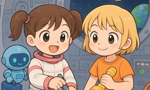 Sofía es una niña astronauta de rostro redondo y coletas marrones, expresión alegre y concentrada, con una pequeña escafandra blanca y rosa, ajustando un gran tornillo plateado con un destornillador; su amiga, otra niña de unos 6 años y pelo rubio corto, la anima con una linterna amarilla junto al panel de control; un pequeño robot redondo y azul con ojos LED flota a la altura de sus hombros sosteniendo una caja de herramientas; el interior de la nave es luminoso, paredes grises con botones de colores, cables naranjas y pantallas verdes, y una gran ventana circular muestra el espacio con estrellas, una luna amarilla como queso y la Tierra azul verdosa; escena simple y dulce: ambas reparan el tornillo con gestos calmados, atmósfera cálida y segura, colores suaves y trazos redondeados, composición centrada en los personajes y la gran ventana.