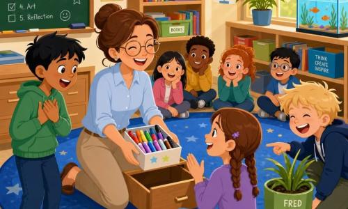 Smiling female teacher with a gentle face and laughing eyes, chestnut hair in a bun, wearing a light blue smock and round glasses, kneeling before an open drawer holding a box of colorful markers she found, relieved and reaching toward the children; Amir, about 9, short black hair, medium skin, standing left with mouth open in joyful exclamation and hands on his chest, looking at the markers; Jada, about 9, braided hair, fair skin, sitting on the star rug in front of the teacher, smiling with a palm raised as if to applaud; Leo, about 10, messy blond hair, pale skin, crouched near the plant pot (Fred) on the right, laughing and pointing at the drawer as if joking; 4–5 other similarly aged children sit around a circular rug in the background, curious and amused; bright classroom with large windows and yellow sunbeams, a blackboard with a chalked schedule, shelves of colorful books and art boxes, a blue star rug at center, a green plant on the sill and an aquarium with a small orange fish; main scene: joyful discovery of lost markers in a drawer, calm turning into a moment of surprise and collective laughter, vivid colors, strong contrasts, composition centered on the kneeling teacher and the open box of multicolored markers.
