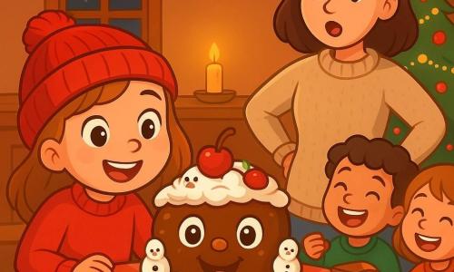 A small Christmas cake named Crispy, with a smiling face and sparkling eyes, is placed at the center of a rustic wooden table. It is decorated with little sugar snowmen, shiny red cherries, and a ring of white cream, looking joyful and hopeful. Next to it, a little girl named Lyra, wearing a knitted red hat and with rosy cheeks, gazes at the cake in wonder with a big smile, her eyes shining with joy. Her mother, a gentle woman with brown hair and a beige wool sweater, stands slightly back, hands on her hips, displaying an expression of surprise and gratitude. The scene takes place in a cozy little house, adorned with twinkling lights and a Christmas tree in the corner, illuminated by flickering candles. The table is covered with a red and white checkered tablecloth, and cheerful-faced children are sitting around, sharing slices of cake. The main situation shows Lyra lifting a piece of cake towards her friends, all laughing and singing Christmas carols, creating a festive and warm atmosphere.