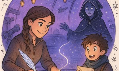 Lira, a determined, slightly amused explorer with a sunlit face, brown braid and half-zipped practical jacket, signs a silver parchment on a tea table with a glowing crystal quill while a ~12-year-old boy, Juno, excited and nervous with tousled hair, scarf and courier satchel, stands beside her clutching a sealed letter; opposite them a calm, mysterious Star-Binder—hooded, silver-eyed, stars embroidered on her dark hood—emerges from a starry rift standing in a crystal circle and weaves a thread of starlight around the parchment. The scene is on the mosaic-tiled rooftop observatory of the Crystal Exchange with metal telescopes, golden lantern garlands, a blue anvil-shaped tea corner and steaming kettles under a glass sky dotted with distant ships; it’s a sunset truce signing—tender, magical negotiation—lit in purple, blue and gold with sparkling crystal reflections and textured details on the parchment, crystals and clothing.