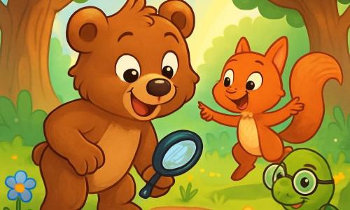 Benny, a young brown bear with soft, silky fur, is at the center of the image, his eyes shining with excitement and a big smile on his face. He stands on his hind legs, sniffing mysterious tracks in the mud with a small magnifying glass in his paw. Next to him, Lily, a small squirrel with sparkling eyes and red fur, jumps for joy, her bushy tail raised behind her. She points at the tracks, full of enthusiasm. Max, a wise turtle with a green shell and round glasses, sits on a rock, observing the scene with a kind smile, his eyes squinted with curiosity. The setting is an enchanted clearing surrounded by tall trees with gnarled trunks, their green leaves dancing in the breeze. Colorful flowers dot the ground, and a gentle ray of sunlight filters through the branches, illuminating the scene with a golden light. The main situation shows Benny and his friends discovering mysterious tracks in the mud, ready to solve the mystery together, filled with excitement and adventure.