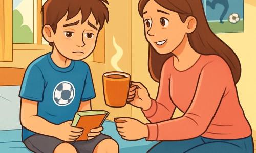 Een 12-jarig jongetje met rondslingerend kastanjebruin haar en verdrietige ogen zit op zijn bed, met zijn schouders naar beneden, terwijl hij een klein notitieboekje vasthoudt. Hij draagt een blauwe t-shirt met een voetballogo en een grijze short, en zijn gezicht toont een zachte melancholie, een weerspiegeling van zijn gedachten. Naast hem zit zijn moeder, een vrouw van ongeveer 35 jaar met lang bruin haar, in een hurkende houding, met een meelevende blik, terwijl ze hem een kop warme chocolademelk aanbiedt, met een troostende glimlach. Ze draagt een roze sweater en een spijkerbroek, en staat vlakbij het bed, wat een gevoel van warmte en veiligheid creëert. 

De scène speelt zich af in een lichte kinderkamer met lichtgele muren, voetbalposters aan de muren en een zacht tapijt op de vloer. Een raam laat zonlicht binnen, dat de kamer verlicht en een zachte en warme sfeer creëert. 

De belangrijkste situatie toont het jongetje en zijn moeder die een intiem moment delen, waarbij ze hem troost biedt na het nieuws van de scheiding, wat de liefde en de familiale steun symboliseert ondanks de moeilijke veranderingen.