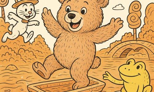 Un mare ursuleț de pluș stil cartoon (Ursul Nelu), vesel și uimit, cu blană groasă texturată, ochi rotunzi strălucitori și o coroniță de ciocolată, dansează cu lăbuțele ridicate pe o mică barcă din napolitană plutind pe o baltă de sirop strălucitor; la stânga, un iepure costumant cu pălărie din napolitană, mustăți făcute din firimituri și expresie ștrengărească sare în aer lângă barcă; la dreapta, o broască mare galbenă ca bomboana de lămâie, zâmbitoare, întinde o lăbuță încurajator spre urs de pe un nufăr de bezea; în fundal copaci spirală de acadele, tufe din jeleuri, câțiva păsări cu penaj ca bomboanele zboară în formație și un pod mic din biscuiți crocanți; sol ondulat din valuri de caramel și dulciuri cu bălți de jeleu care reflectă personajele — scenă jucăușă, dulce, în mișcare, cu culori sugerate prin hachuri și texturi detaliate în negru.