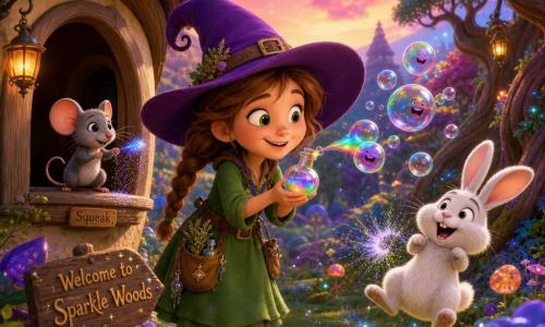 A smiling, mischievous young witch with a purple pointed hat, green dress with herb-filled pockets, brown boots and light-brown braided hair holds a small vial that releases rainbow bubbles blown toward a white rabbit; a little male mouse named Squeak, gray with bright black eyes, stands on the cottage windowsill holding a pinch of glittering powder while the trembling rabbit smiles and hops as a bubble pops. The clearing in Sparkle Woods features glowing green grass, twisted-trunk trees with colorful leaf 