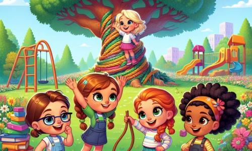Quatro meninas, Ana, Bia, Clara e Dora, estão reunidas em um parque ensolarado. Ana, uma menina de 8 anos com cabelos castanhos e óculos, está em pé sobre uma pilha de livros, com os braços levantados em sinal de vitória. Bia, uma menina de 9 anos com cabelos loiros e trançados, está ao lado dela, sorridente e segurando uma corda. Clara, uma menina de 8 anos com cabelos ruivos e sardas, está agachada, desenhando um plano na areia com um graveto. Dora, uma menina de 7 anos com cabelos cacheados e negros, está sentada no chão, cantando alegremente, cercada por brinquedos espalhados ao seu redor. O parque está cheio de grandes árvores verdes, flores coloridas e um grande parquinho. No centro, um enorme carvalho se ergue majestoso, com um pote de geléia colorida que caiu aos seus pés, chamando a atenção das meninas. Elas estão planejando sua missão para recuperar o pote de geléia preso no alto da árvore, com expressões determinadas em seus rostos, prontas para enfrentar o desafio juntas.