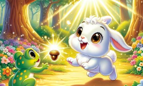 An illustration depicts a small white rabbit with bright eyes and silky fur, expressing great curiosity and excitement. It joyfully hops through a sunlit clearing surrounded by colorful dancing flowers. Nearby, a small green frog with yellow spots watches the rabbit with admiration and a cheerful smile, ready to assist in its adventure. A pretty bluebird perched on a branch sings happily while observing the scene with sparkling eyes. The enchanted clearing is bathed in golden light, surrounded by tall trees with shimmering leaves, and blooming multicolored flowers add a touch of magic. The main focus shows the rabbit discovering the Enchanted Acorn, a beautiful shining nut emitting golden light, symbolizing magic and joy. Sun rays filter through the leaves, creating dancing shadows on the ground, while a gentle breeze makes the flowers sway, adding a dreamy and adventurous atmosphere.