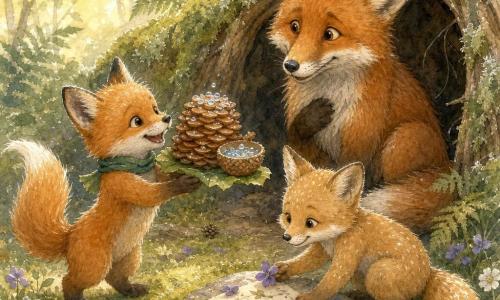 A small red fox kit with bright orange fur, white muzzle, shiny enthusiastic eyes, a bushy moving tail and a small green scarf stands on a large leaf holding a stack of pinecone 