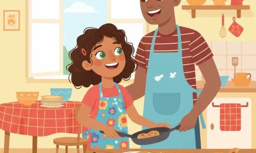 A joyful 10-year-old girl with dark chestnut curly hair and sparkling green eyes, wearing a colorful flour-stained apron, flipping a heart-shaped pancake in a pan beside her warm 40-year-old father—tall, bearded, in a striped t-shirt and apron, laughing and holding a spatula—in a small bright kitchen with pale yellow walls, an open window letting in morning light, red checkered cloths and a tipped syrup jar with sticky drops; a slightly chaotic Father's Day breakfast with playful pancakes, syrup splashes, and a tender, shared atmosphere.