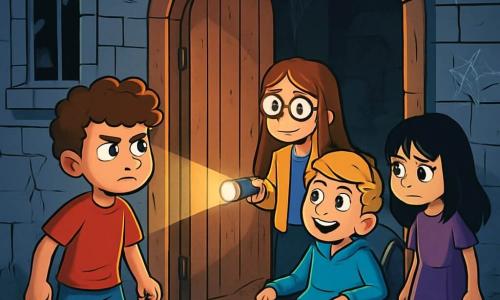 Er zijn 4 kinderen: - Lucas: 10-jarige jongen met krullend haar en een vastberaden uitdrukking. Hij draagt een rode t-shirt en een gescheurde spijkerbroek. Hij staat voor de deur van het oude landhuis, klaar om naar binnen te gaan. - Emma: 10-jarig meisje met lang bruin haar en een bril. Ze draagt een gele jas en een zwarte broek. Ze staat iets naar achteren en houdt een zaklamp vast die de weg verlicht. - Sam: 10-jarige jongen in een rolstoel, met een grote glimlach en blond haar. Hij draagt een blauwe hoodie. Hij staat naast Emma en kijkt nieuwsgierig naar binnen. - Noor: 10-jarig meisje met zwart haar en een mysterieuze blik. Ze draagt een paarse jurk en gestreepte kousen. Ze staat iets naar voren, met haar ogen gericht op een oude, stoffige kist binnenin het landhuis. De locatie is een oud landhuis, met grijze stenen muren, gebroken ramen en spinnenwebben in de hoeken. De houten deur staat op een kier en laat een zwakke, onheilspellende gloed ontsnappen. Binnen zijn er meubels bedekt met stof en dansende schaduwen op de muren, wat een mysterieuze en licht angstaanjagende sfeer creëert. De hoofdsetting van het verhaal toont de kinderen die het landhuis binnengaan, hun gezichten verlicht door het licht van Emma's zaklamp, terwijl ze een oude kist in het midden van de kamer ontdekken. Ze zijn zowel nieuwsgierig als een beetje bezorgd, klaar om de geheimen van het landhuis te onthullen.