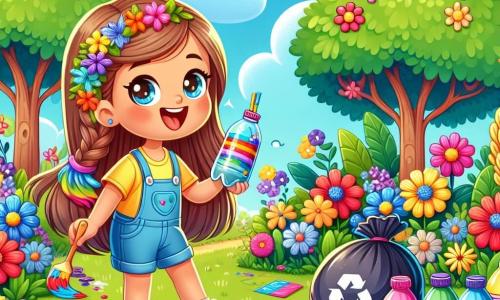 Una niña de 6 años, llamada Luna, con largos cabellos castaños y ojos brillantes, sonríe alegremente mientras sostiene una botella de plástico decorada con colores vivos. Lleva una camiseta amarilla y un short de mezclilla, y está rodeada de flores coloridas en el parque. A su lado, su mejor amiga Maia, también de 6 años, tiene el cabello rubio trenzado y lleva un vestido rosa. Maia la anima con una gran sonrisa, sosteniendo una paleta de pintura. El parque es verde, con grandes árboles de hojas exuberantes, flores brillantes de rojo, azul y violeta, y un cielo azul claro con nubes blancas. En el suelo, hay bolsas de basura de colores llenas de desechos, mientras que botellas decoradas están colocadas alrededor de los árboles, creando un jardín artístico. La escena principal muestra a Luna y Maia limpiando el parque, rodeadas de sus amigos, todos sonrientes y comprometidos en una actividad alegre de limpieza y creación artística, transformando desechos en obras de arte coloridas.