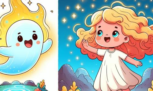 Glimmer, the friendly little ghost, joyfully floats above a sparkling oasis, his translucent body emitting a soft golden glow. His eyes sparkle with happiness, and a wide smile lights up his ethereal face. Next to him is Lila, an eight-year-old girl with curly golden hair dancing in the