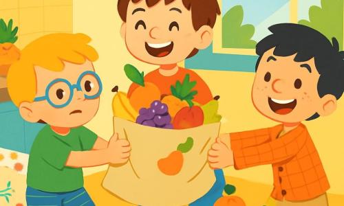 Ci sono 3 personaggi: - Tommaso: un ragazzo di 7 anni, con capelli castani disordinati e un sorriso splendente. Indossa una maglietta rossa con un piccolo dinosauro e pantaloni corti blu. Si trova al centro, tenendo una grande busta della spesa. - Leo: un ragazzo di 6 anni, con capelli biondi e occhiali rotondi. Indossa una maglietta verde e pantaloni corti a righe. È a sinistra di Tommaso, mentre tira la busta con un'espressione determinata. - Arturo: un ragazzo di 7 anni, con capelli neri e lentiggini sul naso. Indossa una camicia a quadri e pantaloni beige. È a destra di Tommaso, mentre tiene la busta con un grande sorriso e le braccia aperte. Il luogo è una cucina luminosa e accogliente, con pareti dipinte di giallo pastello e una grande finestra che lascia entrare la luce del sole. Un tavolo di legno è coperto da una bella tovaglia a motivi colorati, con piatti e tazze decorate a forma di cuori. Sul tavolo c'è un vassoio pieno di frutta fresca, fette di pane dorato e una teiera in porcellana. La situazione principale mostra i tre amici mentre preparano una sorpresa per la festa della mamma. Tirano insieme la grande busta della spesa, ridendo e sorridendo, con la frutta che sembra voler scappare. L'atmosfera è gioiosa e piena di energia, illustrando lo spirito di amicizia e complicità.