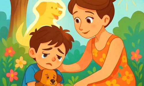 An 8-year-old boy, Max, with messy brown hair and sad eyes, sits on the green grass of the garden, holding a dog-shaped stuffed toy against his heart. He wears a blue t-shirt and yellow shorts, with tears glistening on his cheeks. Next to him, his mom, a woman in her thirties with brown hair tied in a bun, crouches to comfort him, gently stroking his shoulder. She wears a floral summer dress and has a tender, soothing expression. The garden is filled with colorful flowers, with a large oak tree in the background, and sunlight shines through the leaves, creating soft shadows on the ground. The main scene shows Max, sad and thoughtful, reminiscing about joyful moments with his dog Bella, represented in the background as a glowing silhouette, symbolizing her spirit.
