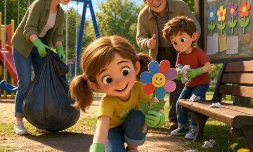 A joyful, focused 6-year-old girl with light brown hair in pigtails and bright eyes wears a yellow T-shirt and green gloves; she crouches to pick up a plastic bag while holding a handmade flower made of colored cardboard rolls. Beside her stands her smiling mother (around 30) with tied-back hair, wearing jeans and a light jacket, holding a large trash bag. A slightly shy but determined 6-year-old boy with short hair and a red T-shirt helps by holding a small handful of litter near a bench and looks at the girl. Behind him an approving grandfather (about 70) with gray hair, glasses and a beige jacket smiles encouragingly. The sunny playground features blue swings, a red slide, a wooden bench, a light sandbox, mown green grass and a community board with a glass pane to hang the cardboard flower. The group cleans near the bench, picking up paper and a bottle; warm atmosphere, vivid colors, soft textures, crisp lines, golden morning light, composition centered on the girl and her flower.