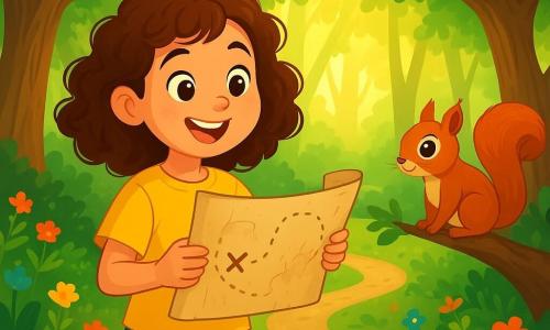 An 8-year-old girl, Mila, with curly brown hair and sparkling curious eyes, holds an old map in her hands. She wears a bright yellow t-shirt and denim shorts, her face glowing with excitement and wonder. Next to her, a small squirrel with bright eyes and reddish fur watches closely, perched on a low branch. The setting is an enchanted forest, with majestic trees and thick trunks, sunlight filtering through the green leaves, and a carpet of colorful flowers on the ground. Mila stands on a winding path, ready to choose between three mysterious paths, her heart racing at the thought of discovering hidden treasure.