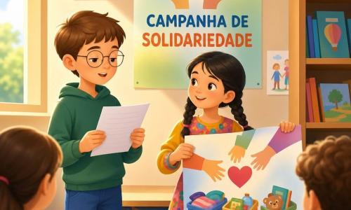 Dois personagens: Miguel, rapaz de 9 anos, cabelo castanho curto, óculos finos, expressão calma, à esquerda segurando uma folha com frases curtas; Sofia, menina de 9 anos, cabelo preto em duas tranças, vestido colorido, sorriso curioso, à direita mostrando desenhos grandes e um cartaz com mãos estendidas e caixas de donativos. Local: sala de aula luminosa e acolhedora, paredes creme com desenhos e um grande cartaz "Campanha de solidariedade", carteiras de madeira clara, luz solar entrando por uma janela e uma pequena biblioteca ao fundo. Situação: as crianças apresentam um trabalho sobre ajuda em tempo de guerra; Miguel fala calmamente enquanto Sofia exibe desenhos de mãos estendidas, caixas etiquetadas e mapas, atmosfera serena e comprometida, cores suaves com contraste para realçar cartazes e rostos.