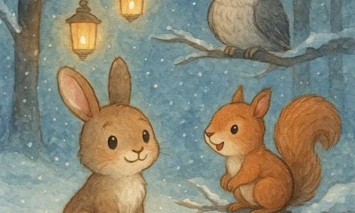 A small brown rabbit named Rowan, with wide eyes and a shy smile, stands in the center of a snowy clearing. He is telling a story, his little paws resting on the sparkling snow. Next to him, a cheerful squirrel named Daisy, with a bushy tail and twinkling eyes, listens attentively, perched on a low branch. In the background, a wise old owl named Oliver, with gray feathers and round glasses, watches from a high branch, nodding in approval. The clearing is illuminated by lanterns hanging from the tree branches, casting a warm light on the pristine snow. Stars shine in the night sky, adding a touch of magic to the scene.