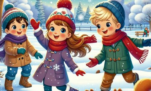 Three children are playing together in a magical winter landscape. Oliver, a 7-year-old boy with blonde hair and blue eyes, is wearing a red scarf and blue gloves, reaching out to catch a snowflake. Next to him, Emma, a 6-year-old girl with brown hair and rosy cheeks, is dressed in a purple coat and a pom-pom hat, spinning around with her arms open, amazed by the falling snow. Lucas, an 8-year-old boy with brown hair and glasses, is wearing a green jacket and watching a squirrel bury a nut under the snow. The setting is a large snowy park, with majestic trees covered in sparkling snow and a clear blue sky dotted with white clouds. The ground is blanketed in thick snow, showing the children's footprints. The main scene depicts the children enjoying and discovering the wonders of winter, surrounded by falling snowflakes and a joyful, magical atmosphere.