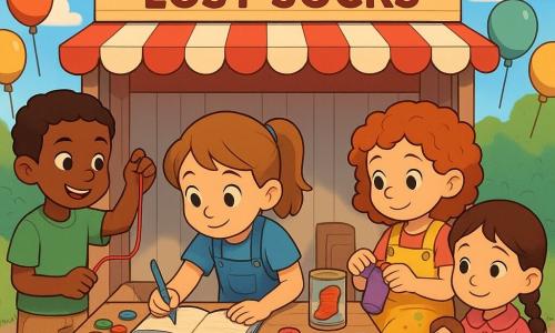 Four children at a village afternoon fair run a small charity stall: Mia, 6, light brown hair in pigtails, blue dress with pockets, holding a blue notebook and pencil, leaning over a small table with a curious, calm smile; Jamal, 6, brown-skinned, green T‑shirt and beige shorts, standing left of Mia, showing a red thread wound on his finger as a clue; Bea, 6, red curly hair, yellow paint‑spattered overalls, seated on a stool to Mia’s right, holding a doll and sewing needles while stitching a button on a tiny sock; Poppy, 5, with small braids and a pink coat, slightly forward right, holding a paper boat and her repaired doll, looking gratefully at the others. The white-and-red wooden booth with a "Doll Help and Lost Socks" banner displays tables of colorful buttons, wool, baskets of socks and a sealed case with a shiny red sock and ribbon; balloons, bunting and lanterns decorate cobblestones with grass around. Warm, proud, kind atmosphere in late-afternoon soft light with long shadows; vibrant, saturated colors in a 3D cel-shaded cartoon style with clean outlines and simple textures.