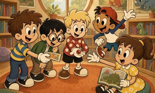 Five children: Tom, 5, tousled brown hair, blue-and-yellow striped T-shirt, standing left, holding a colorful ticket and smiling at the girl; Max, 5, short black hair, round glasses, green jacket, leaning over the ticket beside Tom; Leo, 5, light blond, red polka-dot sweater, holding a shiny red marble, center front; Sam, 5, tan skin, red cap worn backward, bouncing excitedly at right; Lily, 5, brown ponytail, yellow floral dress, sitting on a cushion near a shelf with an open dinosaur book, reaching for the ticket with a delighted face. Setting: cozy children's library with light wood shelves, bright orange circular rug, colorful dinosaur posters, warm soft light from a large round window, small tables and cushions. Scene: the four little detectives show Lily the found ticket and offer her the red marble in a warm, joyful meeting, focused on outstretched hands and smiling faces, vibrant pastel palette, thick-lined retro rubber-hose cartoon style.