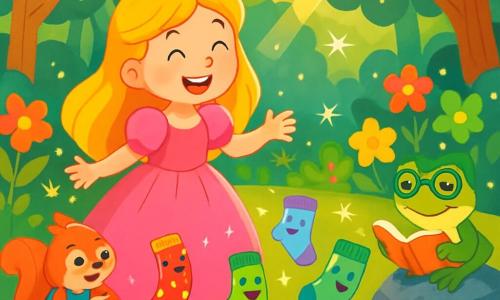 A joyful princess, about 8 years old, with long golden hair and a pink satin dress, stands by a sparkling lake. Her face radiates wonder and curiosity as she watches a small group of colorful socks dancing around her. Beside her, a small squirrel in a vest, about 5 years old, observes with round, mischievous eyes, holding a small rolled-up map in its paws. A frog in glasses, about 6 years old, stands on a rock, reading a book with a focused expression, adding a touch of wisdom to the scene. The setting is an enchanted garden filled with vibrant flowers and large pancake-shaped leaves, with sunlight filtering through the branches, creating glimmers in the air. The main scene shows the princess laughing heartily, surrounded by jumping socks, while gentle waves from the lake resonate with laughter, creating a magical and lively atmosphere.