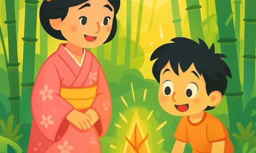 Lady Hana, a spiritual woman with sparkling eyes like dewdrops, wears a delicate pink kimono adorned with cherry blossoms. She stands gracefully in the midst of a bamboo forest, her face radiating kindness and gentleness. Beside her, Taro, an eight-year-old boy with messy black hair and simple clothes, gazes at a golden bamboo shoot with wide eyes, his face lit up with wonder. The setting is a magical bamboo forest, where tall stalks sway in the wind, filtering sunlight into golden rays. The ground is covered with green leaves and small colorful flowers, while a crystal-clear stream winds through the landscape. The main scene shows Lady Hana and Taro discovering a golden bamboo shoot that shines in the sun, symbolizing hope and the magic of generosity.
