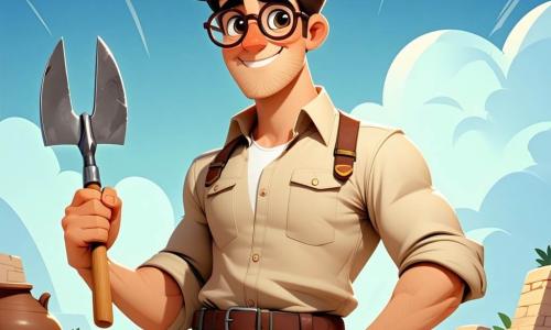 A man, Dr. Marcus Carter, is at the center of the image with slightly tousled brown hair and round glasses giving him a curious and passionate look. He wears a beige shirt and cargo pants, a delighted smile on his face as he holds a trowel in one hand and a pottery fragment in the other. Beside him is a young girl, Hannah, about 12 years old, with braided blonde hair and glasses, fascinated by a piece of mosaic she has found. She is crouched down, her eyes sparkling with excitement. An 11-year-old boy, Peter, with brown hair and a blue t-shirt, stands a bit back, holding a flashlight that illuminates the ground, his expression focused. 

The setting is a sunny archaeological site with visible Roman ruins in the background, stone columns, and colorful mosaics scattered on the ground. Archaeological tools are strewn around them, and the freshly dug earth reveals buried treasures. 

The main scene shows Dr. Marcus and his team discovering an ancient pottery fragment, surrounded by fascinating finds, each absorbed in the excitement of unearthing the secrets of the past.