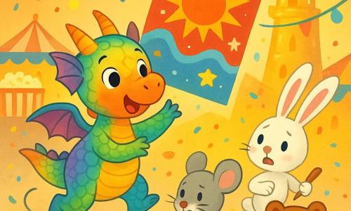 Sparkle, a friendly rainbow-scaled dragon-fairy, looks amazed and slightly surprised as he jumps and reaches toward a large red-blue-yellow poster spiraling upward; behind him left, Pippin, a gray mouse with paint on his whiskers, grips a brush, nervous and focused; to the right, Lila, a white rabbit with long pink ears, runs determinedly with a box of brushes; in the foreground Benny, a round smiling brown bear, taps the beat beside a paint bucket; the poster heads toward a shining Golden Tower where it settles on a ledge, all set in a lively carnival at the tower’s base with colorful lights, bunting, popcorn stalls and confetti—bright saturated colors, clean contrasts, soft lines and readable child-friendly expressions, dynamic diagonal composition showing motion toward the tower.
