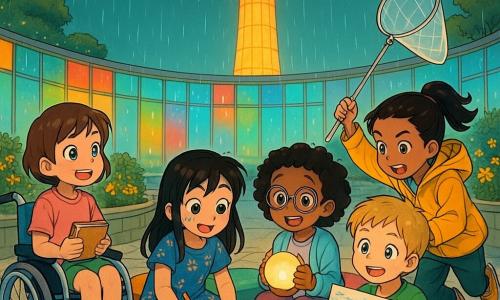 There are five children: Mila, a 7-year-old girl with short brown hair in a light blue modern wheelchair with a green cushion, holding a small notebook; Noor, a 7-year-old girl with tan skin and a ponytail in a yellow windbreaker, crouched to the right catching a paper with a silver folding net; Sima, a 7-year-old girl with long black hair and a paint smudge on her cheek in a marine-patterned dress, sitting cross-legged drawing with a red pencil; Aya, about 6–7, curly hair and round glasses in a pale blue vest, holding a round solar lamp emitting warm light; and a 6-year-old blond boy in a green t-shirt inside the circle clutching a drawing of a guard-reef boat and looking proudly at the group. They sit in a makeshift reading-and-drawing circle under the Sky Tower on a pale stone round plaza with colored glass panels, spiral planters, multicolored recycled cushions, light wood benches and rounded solar lamps; the light is soft and warm after a light rain, and the tower casts an amber halo.