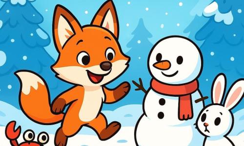 Een klein vosje genaamd Vinnetje, met een feloranje vacht en nieuwsgierige sprankelende ogen, staat vrolijk in een sneeuwlandschap. Hij heeft een grote glimlach op zijn gezicht, zijn puntige oren zijn rechtop, en hij springt in de sneeuw, terwijl hij sporen achterlaat. Naast hem kijkt een klein kreeftje met ronde, glanzende ogen en een felrode schaal bewonderend toe. Het zit op een met sneeuw bedekte tak, zijn pootjes trillen van opwinding. Een klein konijn met grote witte oren, met een bezorgde uitstraling, staat iets verder weg met grote ogen en observeert de scène. De plek is een betoverd bos, waar de bomen bedekt zijn met een dikke laag glinsterende sneeuw en de grond bedekt is met witte vlokken. Zachte sneeuwvlokken vallen uit de helderblauwe lucht, wat een magische en rustige sfeer creëert. De hoofdscène toont Vinnetje die een sneeuwpop bouwt met zijn vrienden, lachend en zich vermakend, terwijl het konijn aarzelt om dichterbij te komen, maar geïnteresseerd lijkt in de vreugde om hen heen.