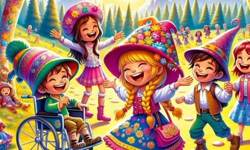 Na słonecznej polanie w magicznej Krainie Leniuchów stoi wesoło czwórka dzieci. Hania, 8-letnia dziewczynka z długimi warkoczykami i promiennym uśmiechem, jest w centrum, entuzjastycznie unosząc ręce w górę. Po jej prawej stronie Kacper, 9-letni chłopiec w kolorowym kapeluszu, śmieje się, opowiadając dowcip, energicznie gestykulując. Po lewej Mietek, 10-letni chłopiec na wózku inwalidzkim, z figlarnym uśmiechem trzyma magiczną mapę, gotowy prowadzić przyjaciół. Na końcu Zosia, 7-letnia dziewczynka z różowym plecakiem, tańczy wokół nich, jej oczy błyszczą marzeniami i wyobraźnią. Polana otoczona jest drzewami o kolorowych pniach i błyszczących liściach, a wszędzie rosną kwiaty w kształcie cukierków, dodające żywych kolorów do krajobrazu. W oddali falują zielone góry i rzeki z soku owocowego, tworząc radosną i zabawną atmosferę. Dzieci właśnie odkryły Złotego Chomika, małego złotego chomika, który z uśmiechem je obserwuje, gotowy zabrać je w nową przygodę. Wszyscy są razem, śmiejąc się i bawiąc, gotowi na dzień pełen magii i niespodzianek.