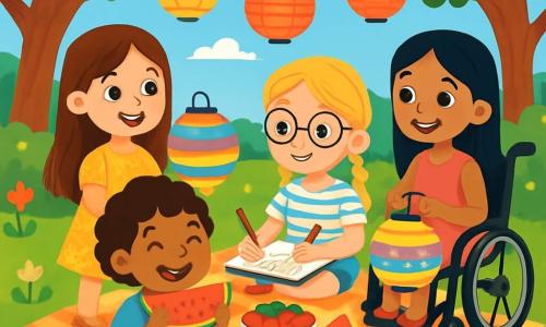 Er zijn 4 kinderen: Lotte: een 8-jarig meisje met lang bruin haar en sprankelende ogen. Ze draagt een gele bloemenjurk en glimlacht vrolijk terwijl ze een gekleurde papieren lamp vasthoudt. Noa: een 7-jarig meisje met kort, krullend haar, in een blauwe t-shirt en een short. Ze zit op het gras en geniet van een stuk watermeloen. Fien: een 9-jarig meisje met gevlochten blond haar en ronde bril. Ze draagt een gestreepte blouse en tekent in een notitieboek met kleurpotloden. Yasmin: een 8-jarig meisje met zwart, steil haar, zittend in een rolstoel. Ze draagt een roze jurk en glimlacht terwijl ze naar haar vriendinnen kijkt, met een papieren lamp in haar hand. De locatie is een mooie zonnige tuin, vol met kleurrijke bloemen, grote groene bomen en een stralende blauwe lucht. Een groot geruit kleed ligt op het gras, omringd door heerlijke picknickgerechten zoals fruit en koekjes. Gekleurde papieren lantaarns hangen aan de takken van de bomen, wat een feestelijke sfeer creëert. De belangrijkste situatie toont de vier vriendinnen die genieten van een vrolijke zomerse picknick, samen lachen, verhalen delen en onvergetelijke herinneringen maken.