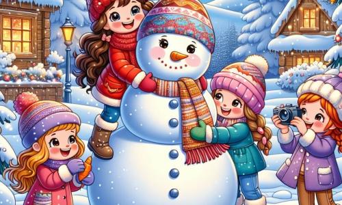 En un paisaje invernal de ensueño, cuatro niñas de ocho años están juntas, rodeadas de nieve brillante. Clara, con cabello castaño y rizado, lleva un abrigo rojo brillante y un gorro a juego, ríe mientras sostiene un gran muñeco de nieve. A su derecha, Ana, con trenzas rubias, viste un abrigo azul y una bufanda a rayas, y le añade una zanahoria como nariz al muñeco. A la izquierda, Sofía, con cabello castaño liso, lleva un abrigo rosa y guantes verdes, y está tomando una foto con su cámara. Finalmente, Valentina, con cabello negro y rizado, viste un abrigo violeta y un gorro con pompón, lista para lanzar una bola de nieve riendo. El escenario es un encantador pueblo pequeño, con casas de madera cubiertas de nieve, majestuosos abetos adornados con guirnaldas brillantes, y un cielo azul claro salpicado de nubes blancas esponjosas. Las niñas están construyendo un gran muñeco de nieve llamado Don Nieve, divirtiéndose y compartiendo risas, creando recuerdos inolvidables en este paisaje invernal mágico.