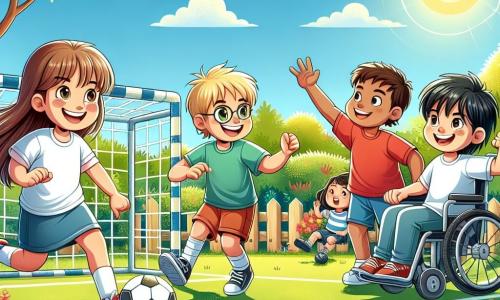 En un jardín soleado, cuatro niños juegan al balonmano. Ana, una niña de 10 años con largos cabellos castaños y una sonrisa brillante, está a la izquierda, lista para pasar la pelota. A su derecha, Luis, un niño de 9 años con cabello rubio y gafas, corre con entusiasmo. Miguel, un niño de 10 años con cabello negro y camiseta roja, está un poco más lejos, concentrado en el balón. Finalmente, Pablo, un niño de 11 años en silla de ruedas, está al fondo, con los brazos levantados para animar a sus amigos con una gran sonrisa. El lugar es un amplio campo de juego, rodeado de árboles verdes y flores coloridas, con un cielo azul claro salpicado de algunas nubes blancas. El suelo está cubierto de hierba verde, y hay una línea marcada en el suelo para el juego. La situación principal muestra a los niños en plena acción, con Ana pasando la pelota a Luis, mientras Miguel se prepara para lanzar. Pablo los anima con entusiasmo, creando una atmósfera de camaradería y alegría.