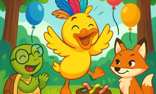 Un pato alegre llamado Patito, con plumaje amarillo brillante y un sombrero de plumas coloridas, salta de alegría en un claro del bosque. Sus ojos brillan de emoción y una gran sonrisa ilumina su rostro. A su lado, una tortuga llamada Tomasa, con un caparazón verde y gafas redondas, aplaude riendo, mientras que un pequeño zorro astuto, Zacarías, de pelaje rojizo y orejas puntiagudas, vigila la seguridad de la fiesta con una expresión traviesa. El decorado es un hermoso claro de bosque, rodeado de árboles de hojas verdes brillantes, con guirnaldas de luces centelleantes suspendidas entre las ramas. Globos de colores flotan en el aire y un gran pastel de lombrices dulces se encuentra en una mesa decorada con flores silvestres. La escena captura la efervescencia de la preparación de la "Fiesta de la Pluma Loca", donde Patito, rodeado de sus amigos animales, se prepara para iniciar las festividades con una gran risa y alegría.