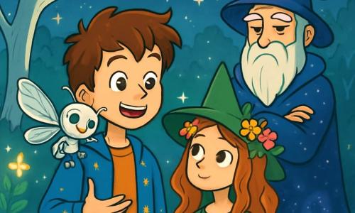 Um garoto de 10 anos, Lucas, com cabelos castanho-claros bagunçados e olhos brilhantes de curiosidade, está no centro da cena, com um sorriso maravilhado no rosto. Ele usa uma jaqueta azul com padrões de estrelas e segura um pequeno robô-borboleta chamado Trix em seu ombro, que bate asas metálicas cintilantes. Ao lado dele, uma menina de 9 anos, a bruxa de cabelos de flores, com um vestido verde adornado com cipós e um olhar sonhador, observa a cena com fascínio. Ao fundo, um velho homem com um longo manto de nébulas, o mago do Conselho, está com uma expressão sábia, de braços cruzados, pronto para ouvir. O local é uma clareira mágica, cercada por árvores com troncos prateados e flores luminescentes que brilham como estrelas, criando uma atmosfera encantadora. Acima, um céu noturno estrelado ilumina a cena, adicionando um toque de mistério. A situação principal mostra Lucas, Trix e a bruxa unidos, discutindo entusiasticamente para criar uma nova invenção que combina magia e tecnologia, simbolizando a harmonia entre seus dois mundos.