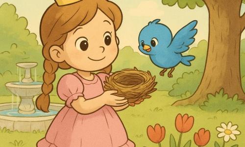 Uma pequena princesa sorridente e amável, olhos avelã brilhantes, cabelos castanho‑claro em tranças, vestido rosa com folhos e botinhas douradas, segura delicadamente um ninho de gravetos junto ao peito; um passaro azul vivo de penas fofas e olhos curiosos voa logo acima do ninho, aproximando‑se da princesa; ao fundo, fonte redonda de pedra com musgo e água límpida a brilhar ao sol, jardim do castelo com túlipas vermelhas e margaridas brancas, arbustos aparados e um grande carvalho cujos galhos sustentam o ninho; a cena mostra o gesto terno da princesa colocando o ninho numa forquilha de galho, luz suave da manhã, atmosfera calorosa e segura, cores em tons pastéis, traços arredondados e expressões simples