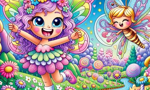 Uma pequena fada chamada Lila, com asas brilhantes de cores pastel, voa alegremente sobre um campo de flores multicoloridas, seu rosto radiante de felicidade. Ela tem longos cabelos cacheados roxos e veste um vestido de pétalas de flores, rindo e fazendo cores explodirem ao seu redor. Ao lado dela, sua melhor amiga, Cacau, uma borboleta com asas translúcidas decoradas com padrões de arco-íris, voa entusiasticamente, batendo as asas e sorrindo amplamente. Ao fundo, o Bosque dos Sonhos Doces está cheio de árvores em forma de doces, com troncos de açúcar e folhas de marshmallow, enquanto rios de chocolate serpenteiam entre colinas de chantilly. A cena principal mostra Lila e Cacau rindo juntas, enquanto descobrem que as cores da floresta ficaram sem vida, e elas se preparam para uma aventura em busca das cores perdidas, cercadas por uma atmosfera mágica e alegre.